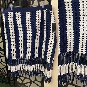 Eloquii Blue and White Striped Fringe Midi Skirt